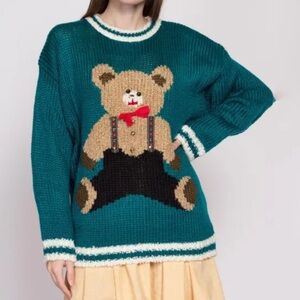 FAR & NEAR  FA Teal Off-Shoulder Sweater with Bear Motif